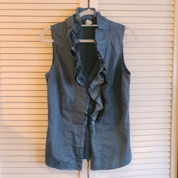 Teal blue button down short sleeve blouse w/button - Picture 2 of 5